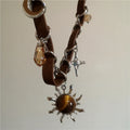 Vintage Leather Brown Stone Sun Pendant Beaded Choker Clavicle Chain Necklace For Women Unique Y2K Personalized Grunge Jewelry