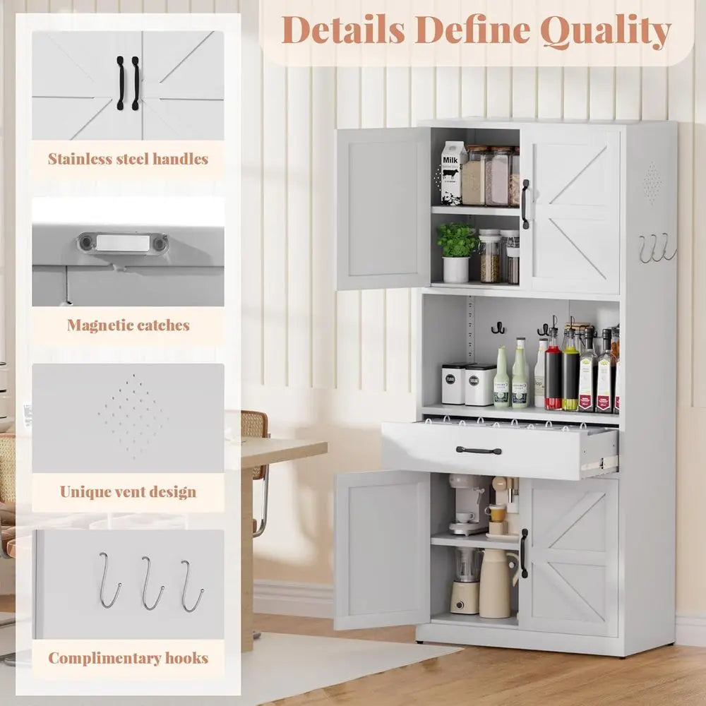 Metal Kitchen Pantry Cabinet With Large Countertop And Adjustable Shelves