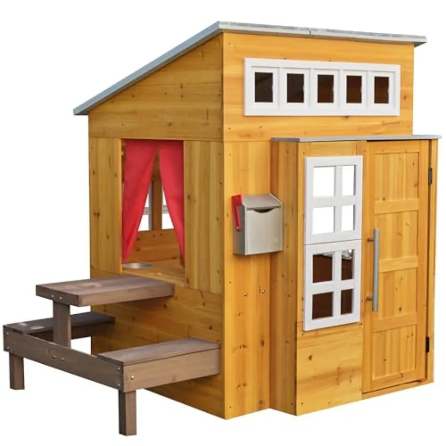Outdoor Wooden Playhouse For Kids Ages 3 And Up With Picnic Table Mailbox Grill
