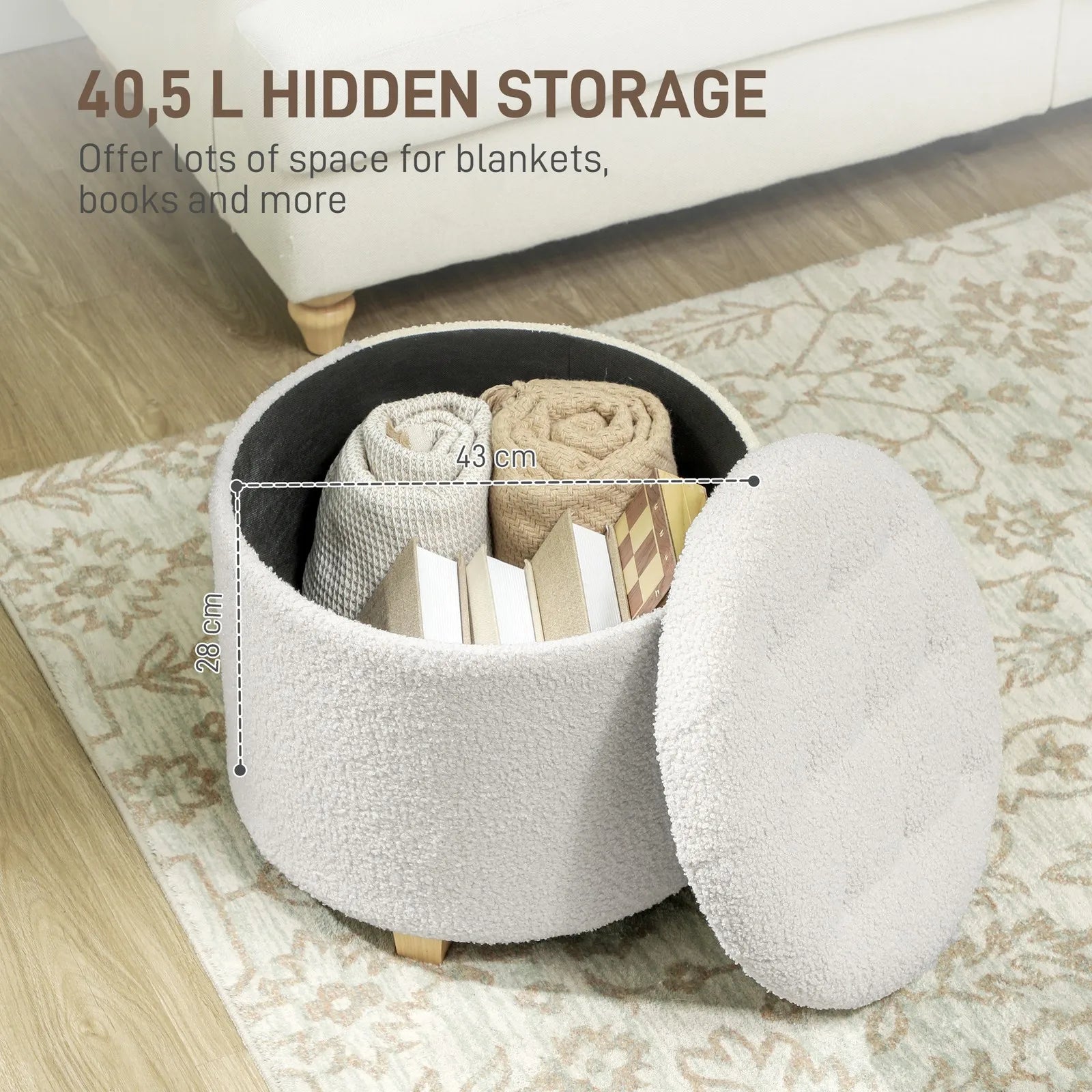 Round Ottoman With Storage Foam Cushioned Wood Legs