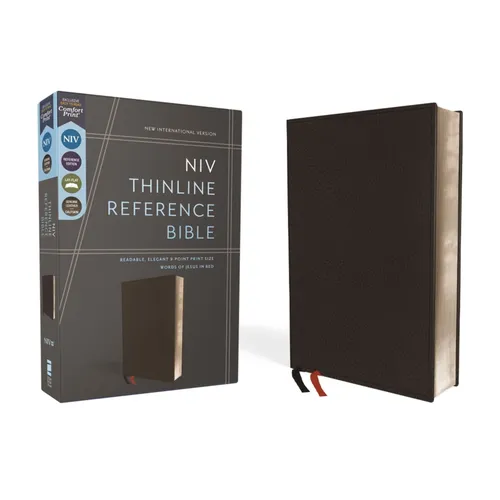 Niv, Thinline Reference Bible (Deep Study at a Portable Size), Genuine Leather, Calfskin, Black, Red Letter, Comfort Print - Leather