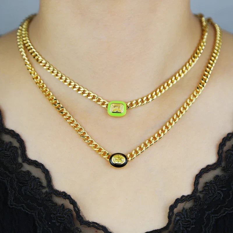 Neon Enamel Pink Heart Rectangle Charm Necklace Bling Colorful CZ Geometric CZ Beaded Tennis Cuban Chain Fashion Women Jewelry