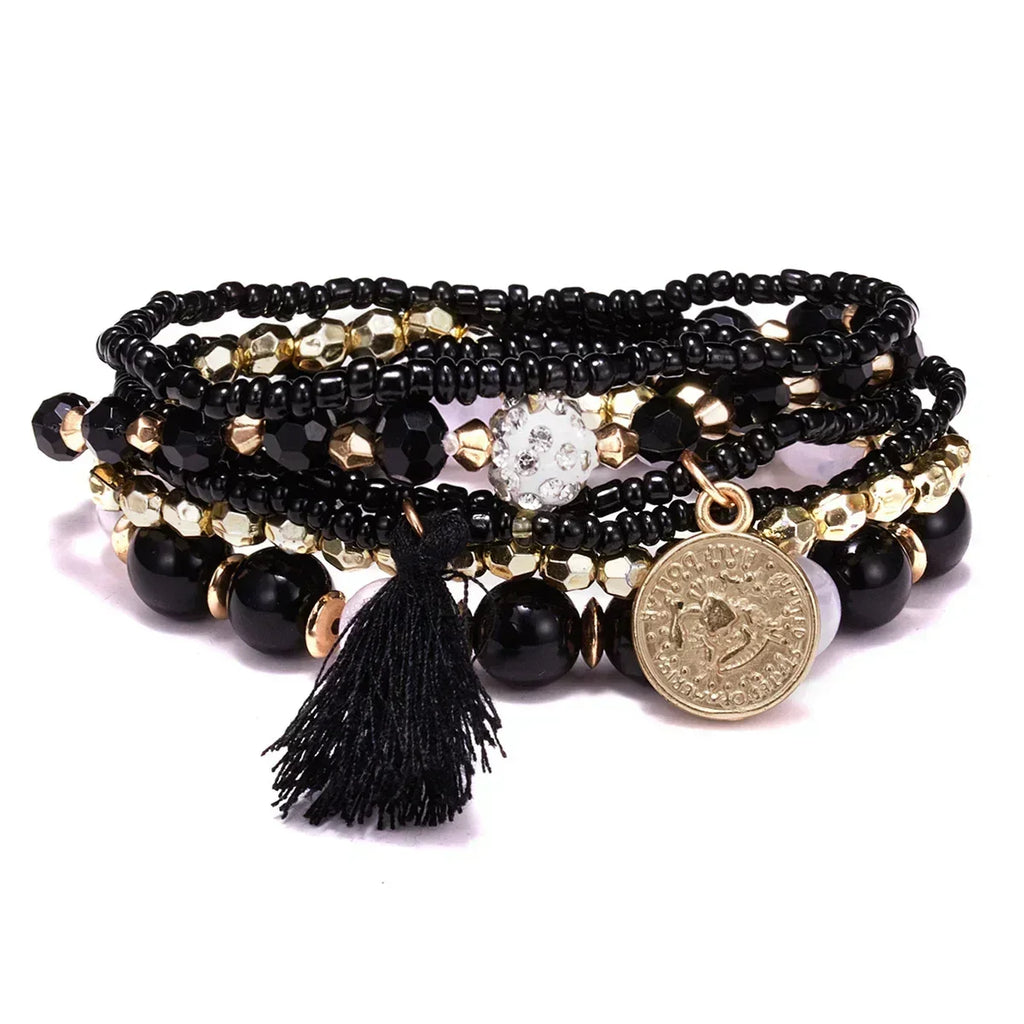 Bohemia Crystal Tassel Multicolor Beads Bracelets For Women Handmade Elastic Rope Charm Wrap Bracelet Summer Beach Party Jewelry