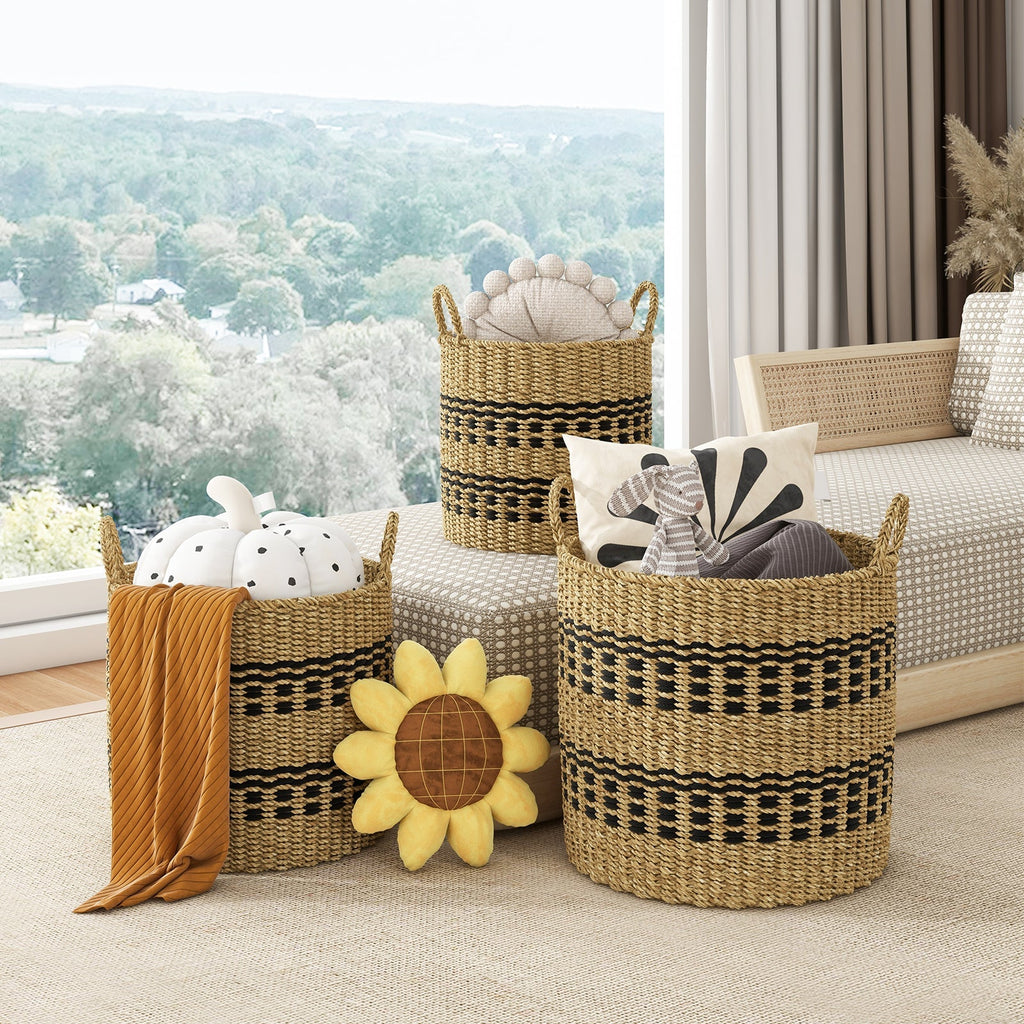 Seagrass Basket Set of 3 Stackable Storage Bins with Handles Woven Round Basket