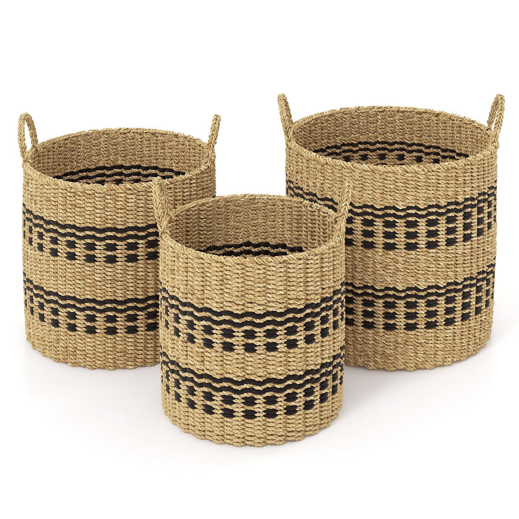 Seagrass Basket Set of 3 Stackable Storage Bins with Handles Woven Round Basket