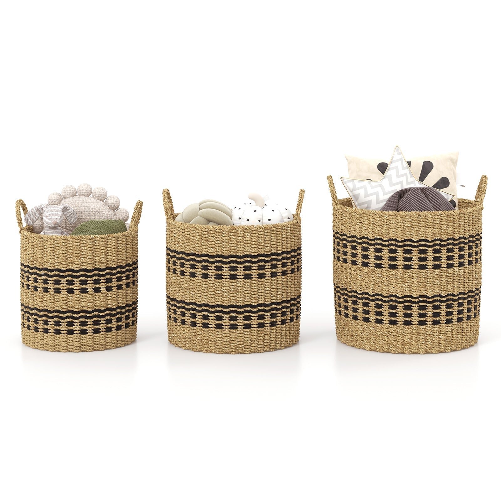Seagrass Basket Set of 3 Stackable Storage Bins with Handles Woven Round Basket