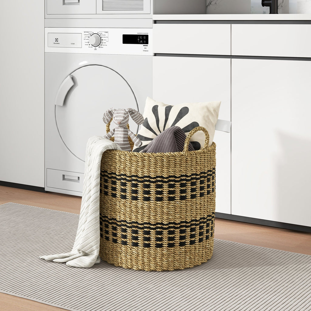 Seagrass Basket Set of 3 Stackable Storage Bins with Handles Woven Round Basket