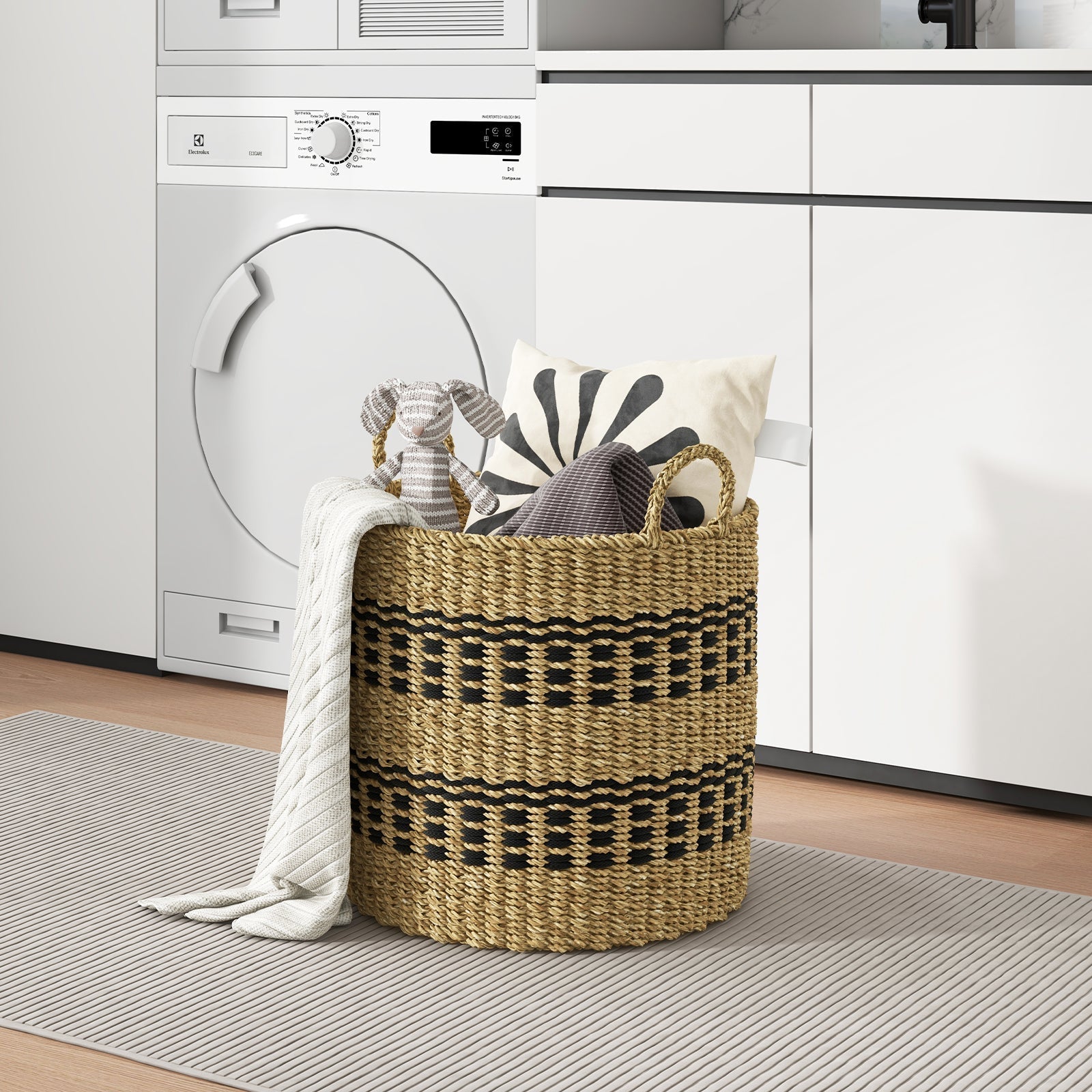 Seagrass Basket Set of 3 Stackable Storage Bins with Handles Woven Round Basket