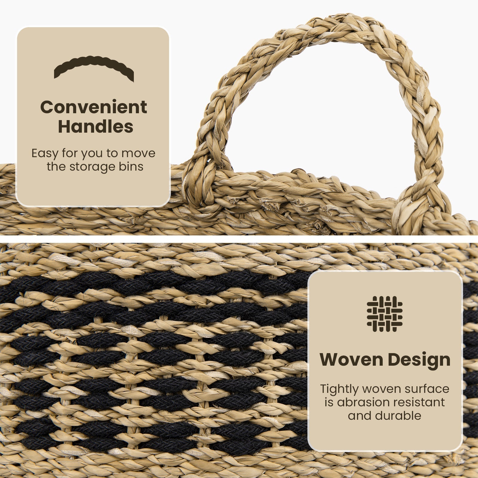 Seagrass Basket Set of 3 Stackable Storage Bins with Handles Woven Round Basket