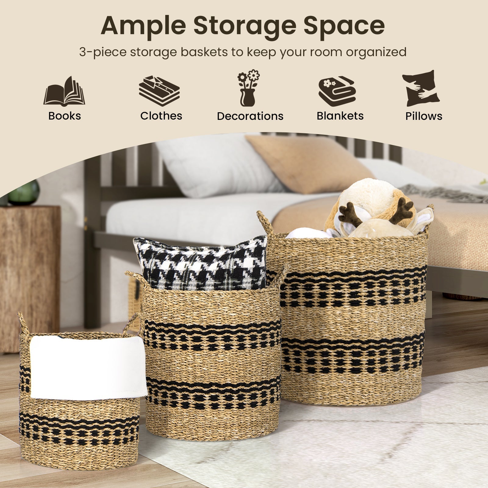 Seagrass Basket Set of 3 Stackable Storage Bins with Handles Woven Round Basket