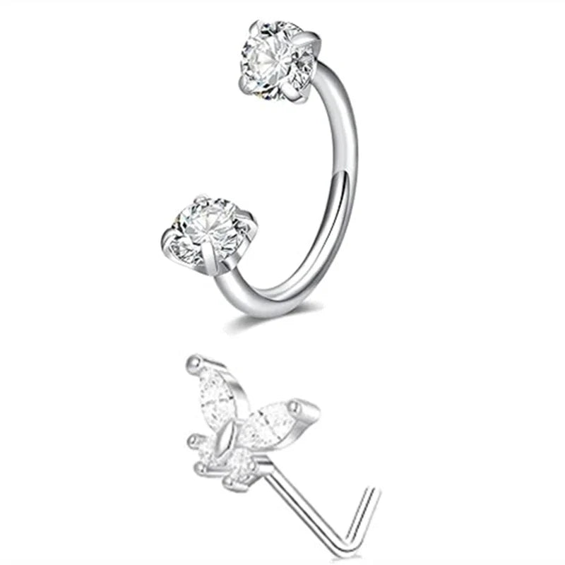 6/2pcs Horseshoe Nose Rings with L-Shape Nose Stud, Stainless Steel