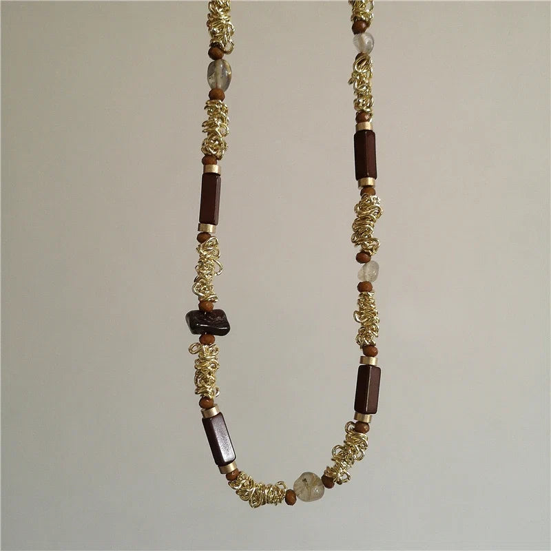 Vintage Leather Brown Stone Sun Pendant Beaded Choker Clavicle Chain Necklace For Women Unique Y2K Personalized Grunge Jewelry