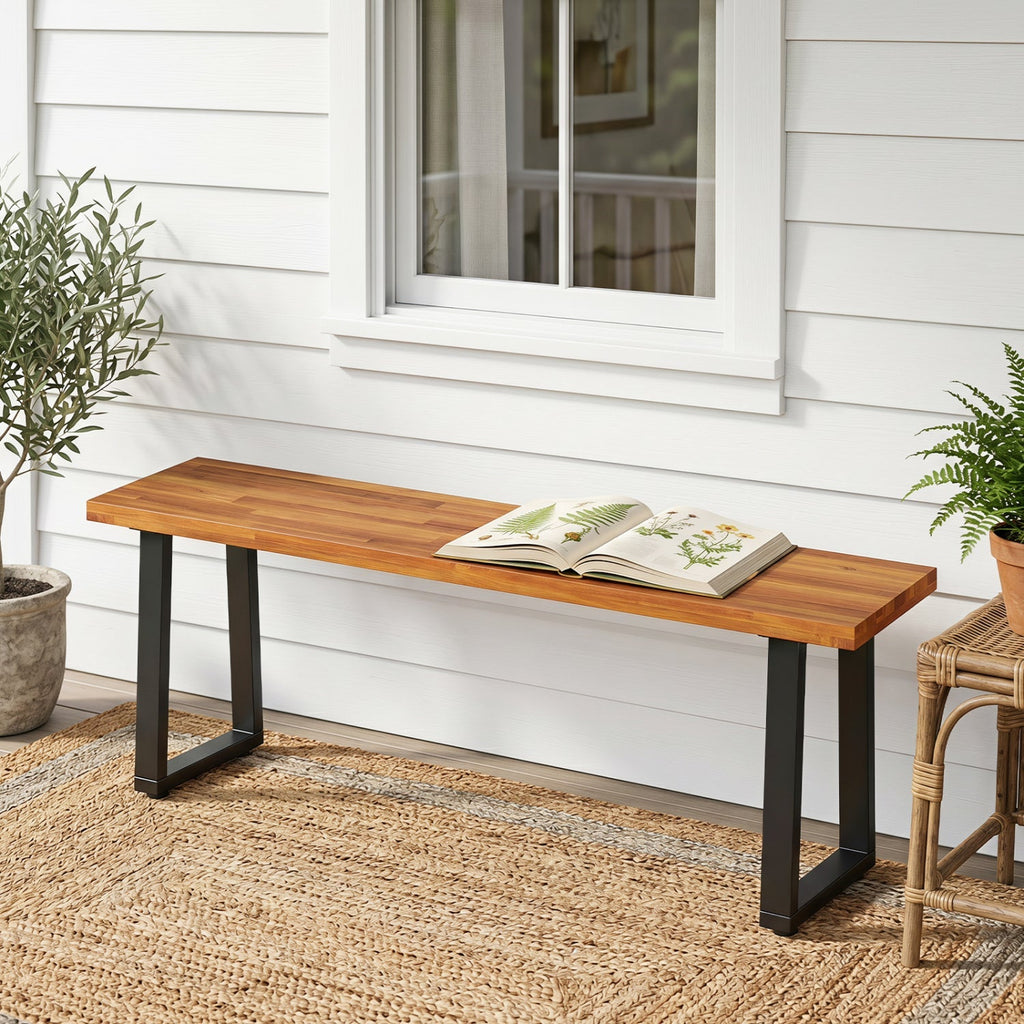 47.5" Acacia Wood Patio Bench with Metal Legs