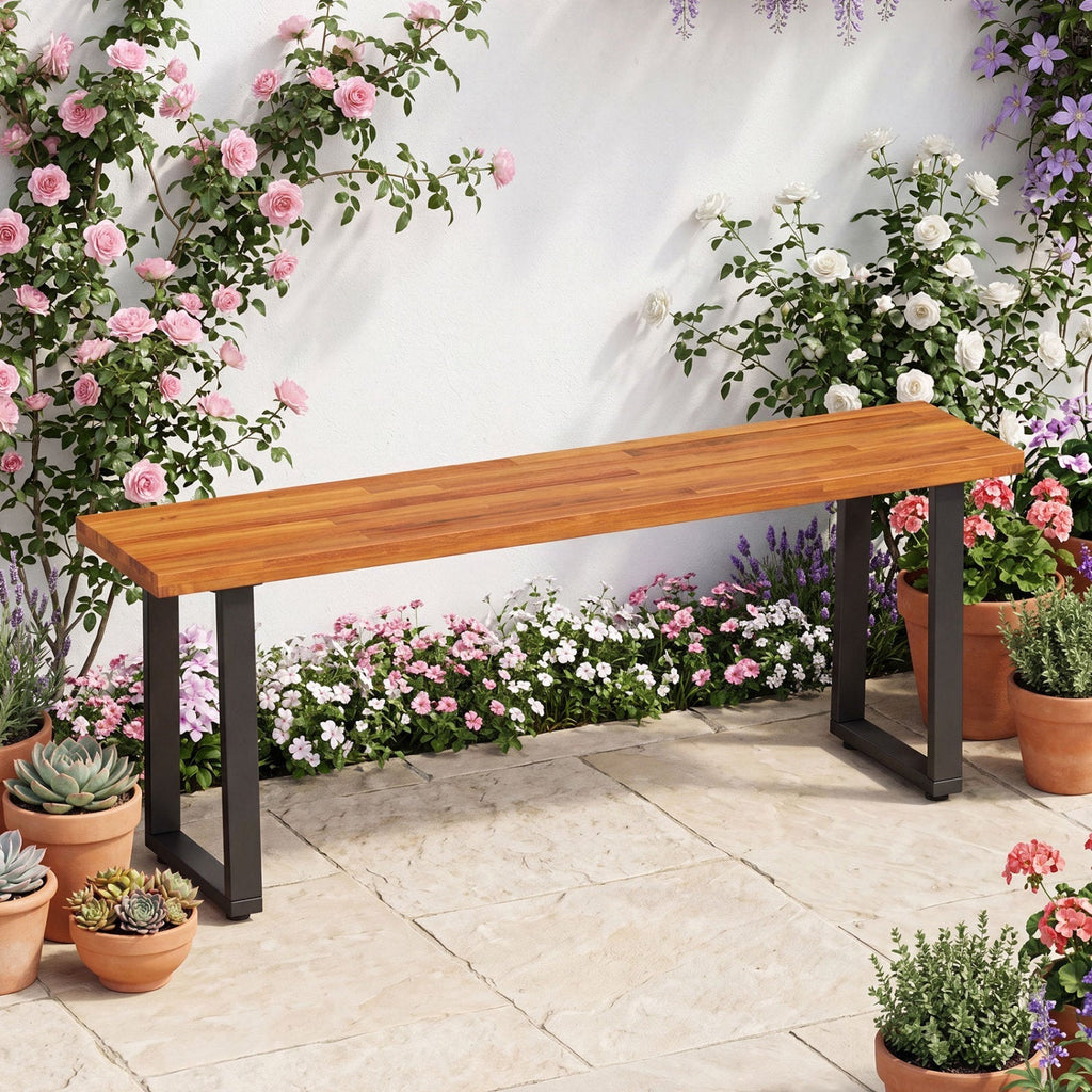 47.5" Acacia Wood Patio Bench with Metal Legs