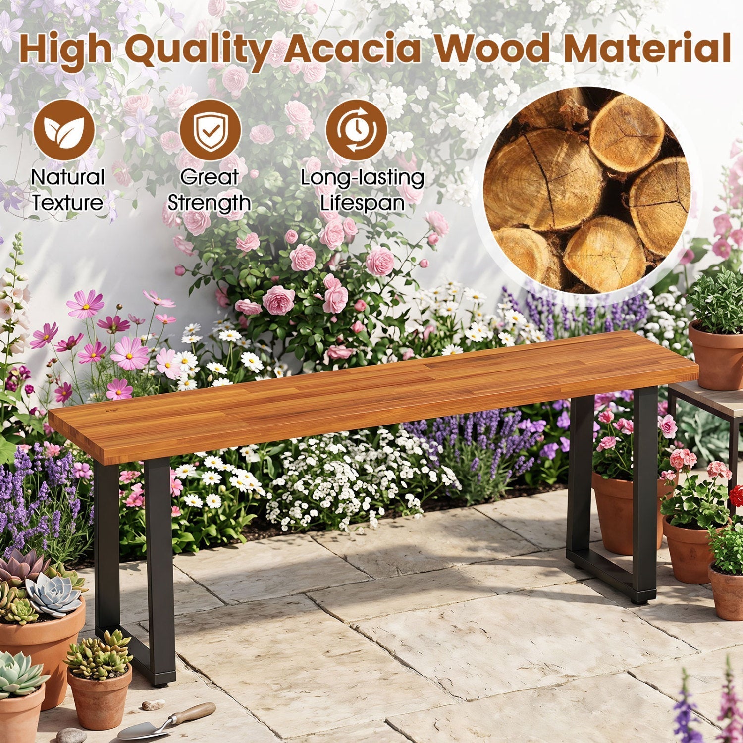 47.5" Acacia Wood Patio Bench with Metal Legs