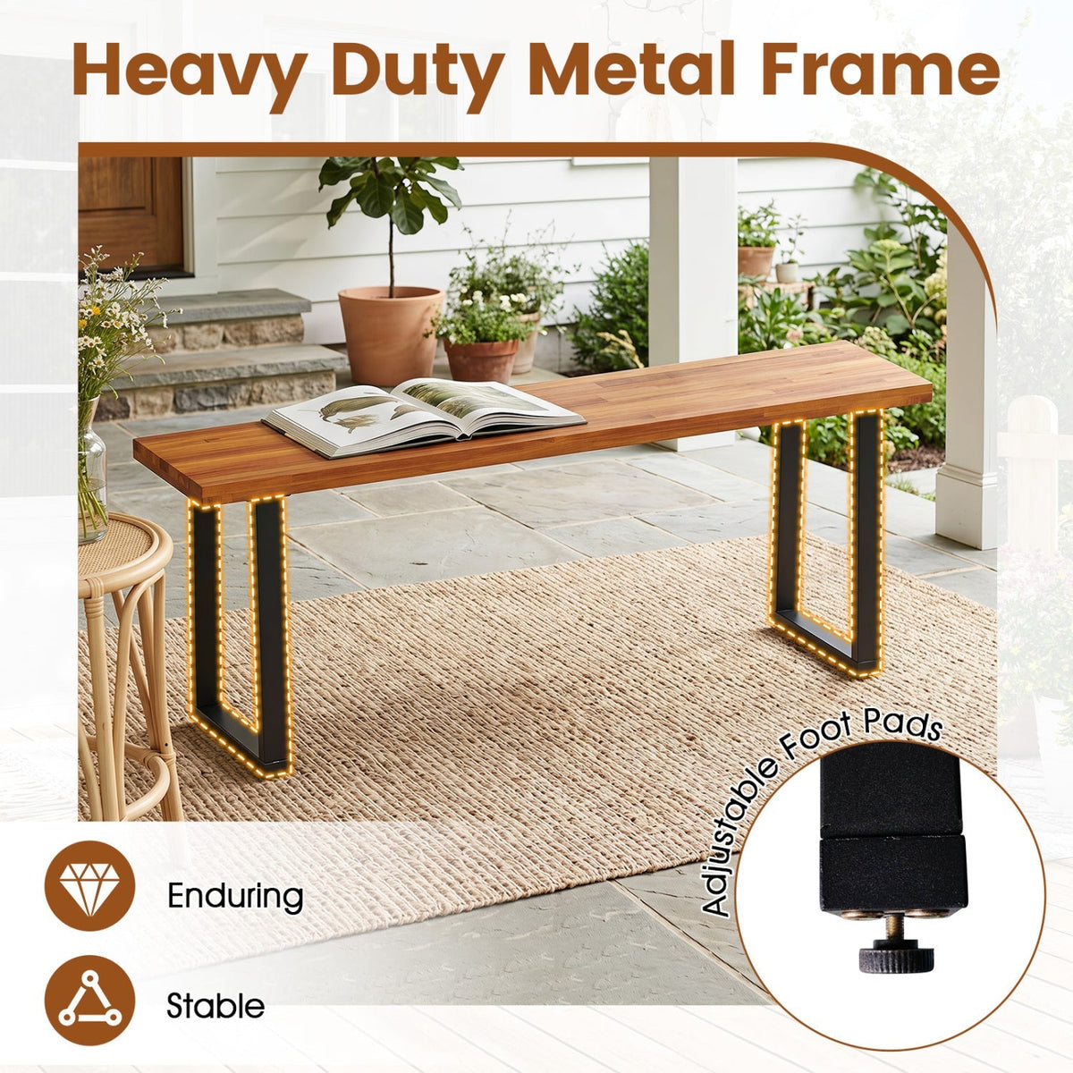 47.5" Acacia Wood Patio Bench with Metal Legs