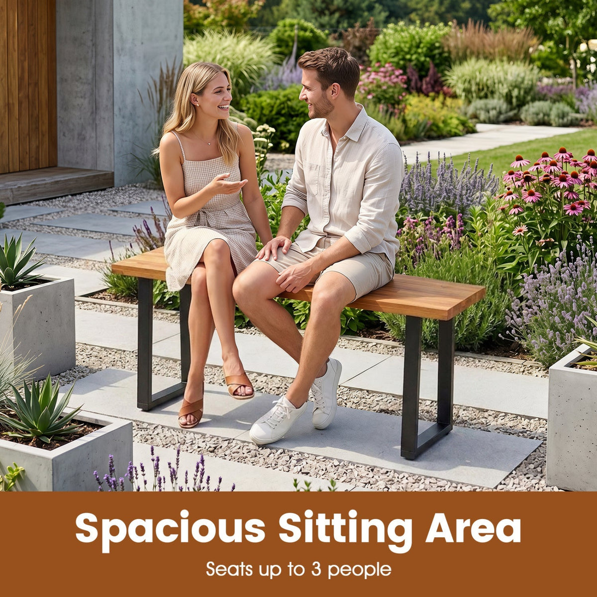 47.5" Acacia Wood Patio Bench with Metal Legs