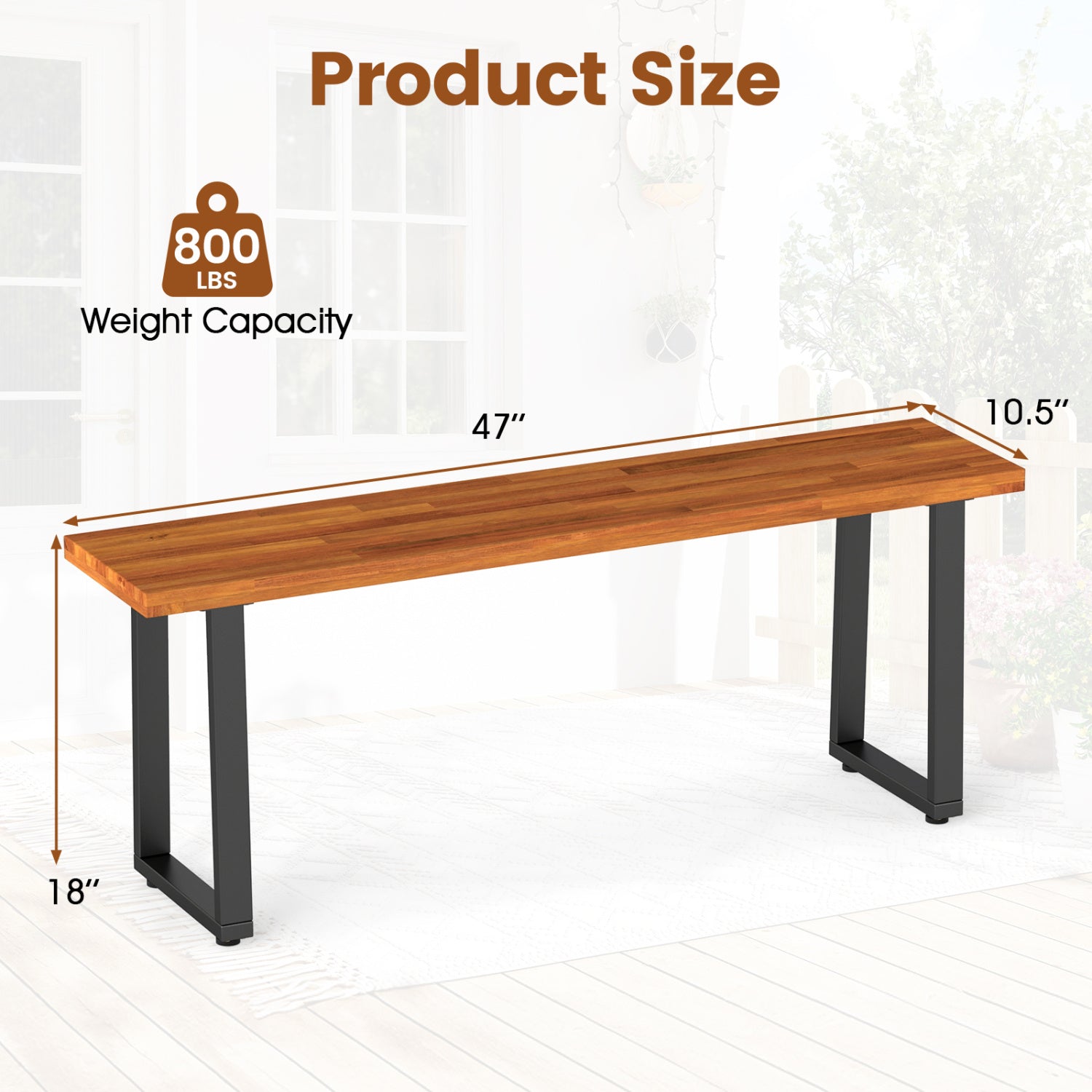 47.5" Acacia Wood Patio Bench with Metal Legs