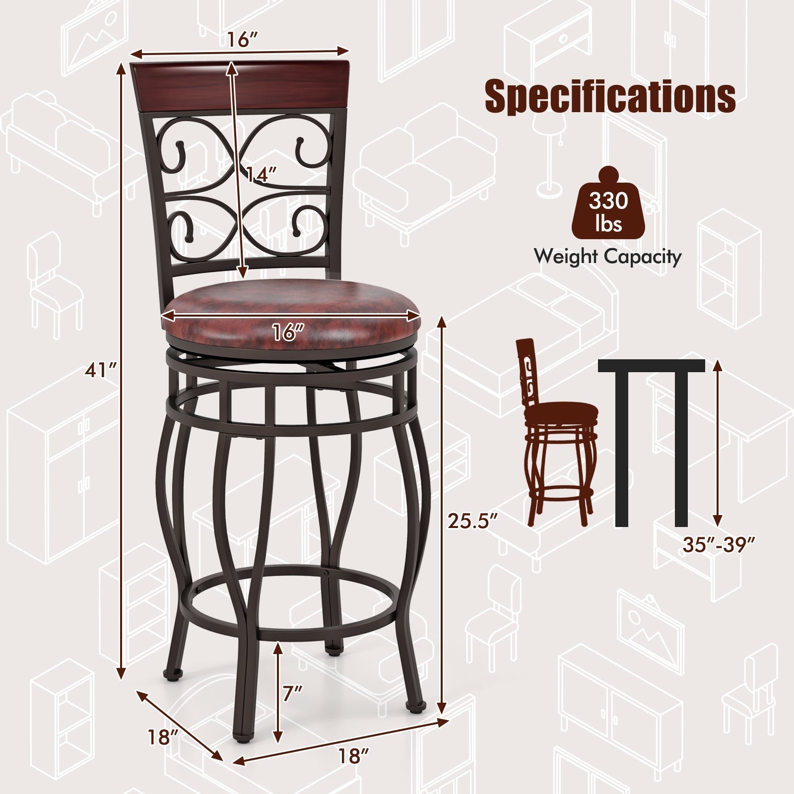 Set of 2 26 Inch Bar Stool with Backrest and Footrest