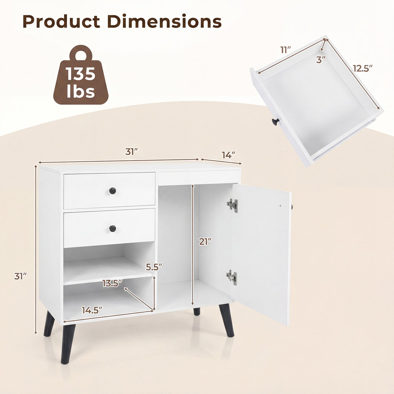 31" Buffet Cabinet Set of 2 with Drawers and Shelves