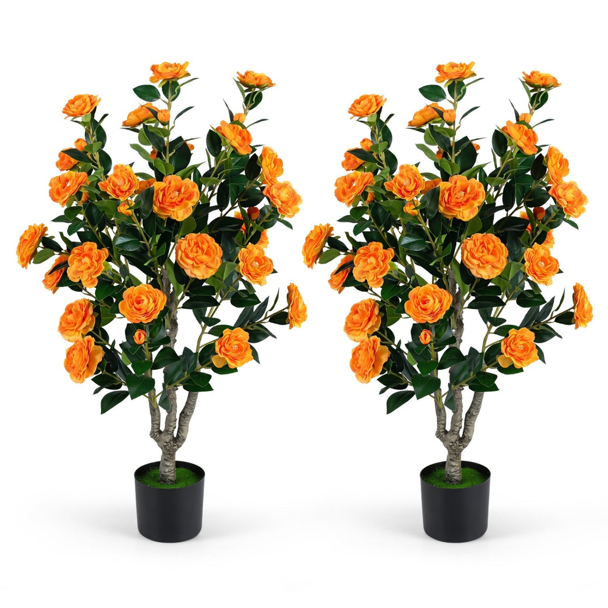 Artificial Camellia Tree 39.5" with Cement Pot - Set of 2