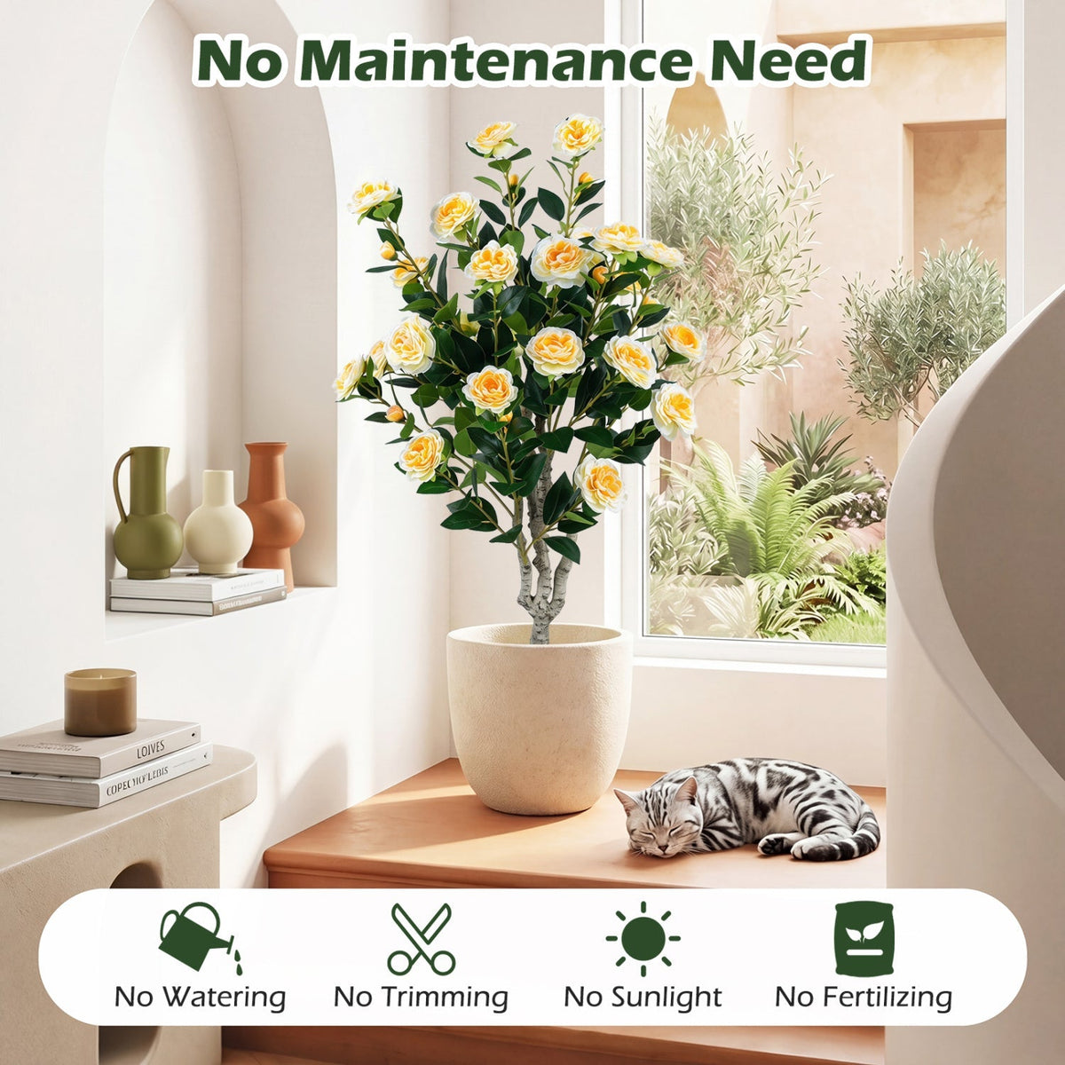 Artificial Camellia Tree 39.5" with Cement Pot - Set of 2