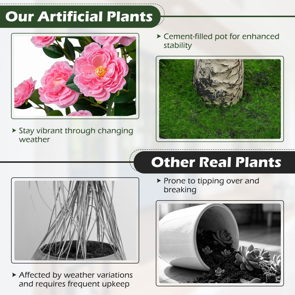 Artificial Camellia Tree 39.5" with Cement Pot - Set of 2