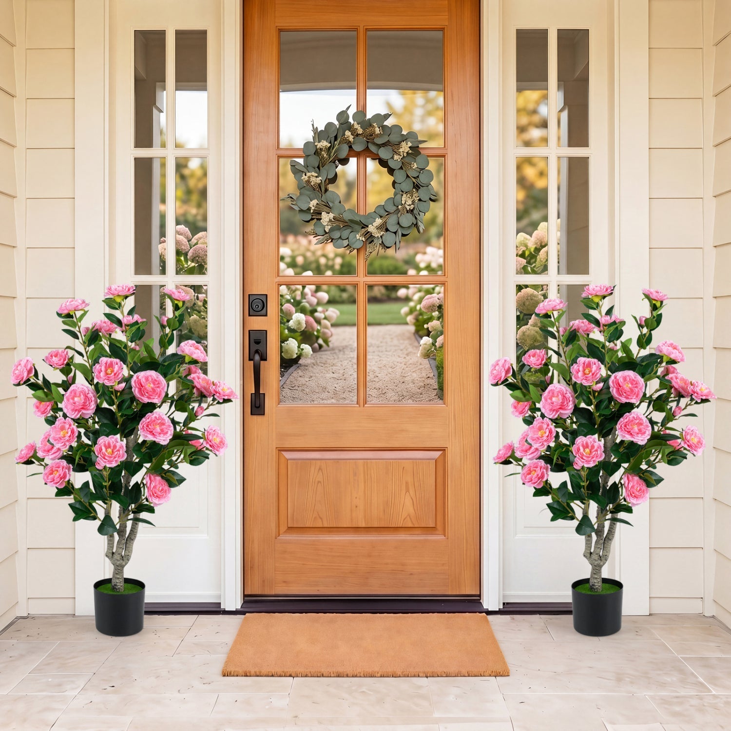 Artificial Camellia Tree 39.5" with Cement Pot - Set of 2
