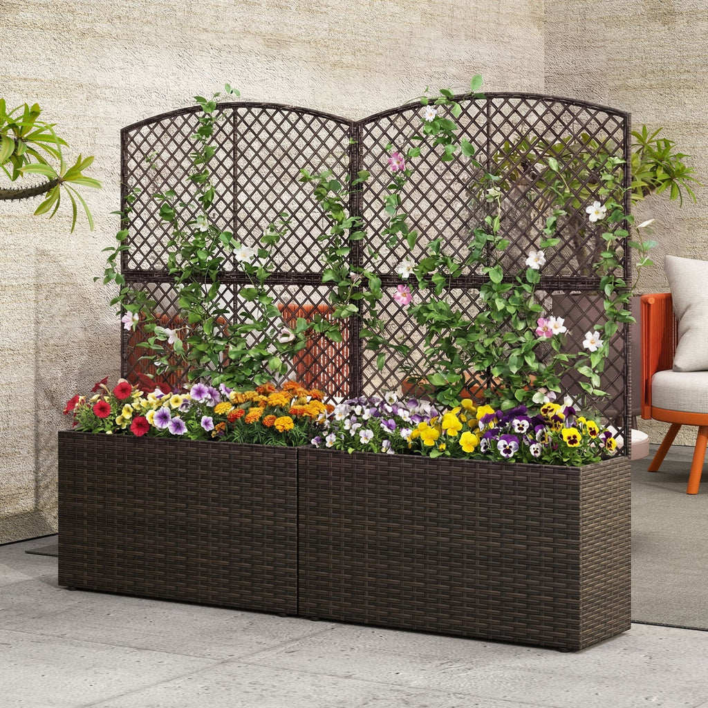 Set of 2 49 Inch Raised Garden Bed with Trellis and Wicker Planter Box