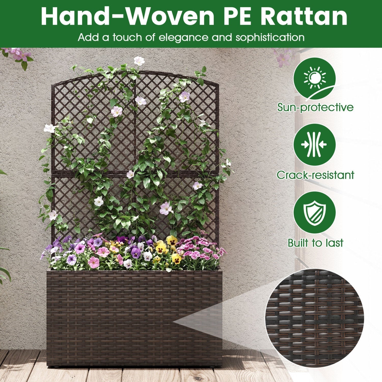 Set of 2 49 Inch Raised Garden Bed with Trellis and Wicker Planter Box