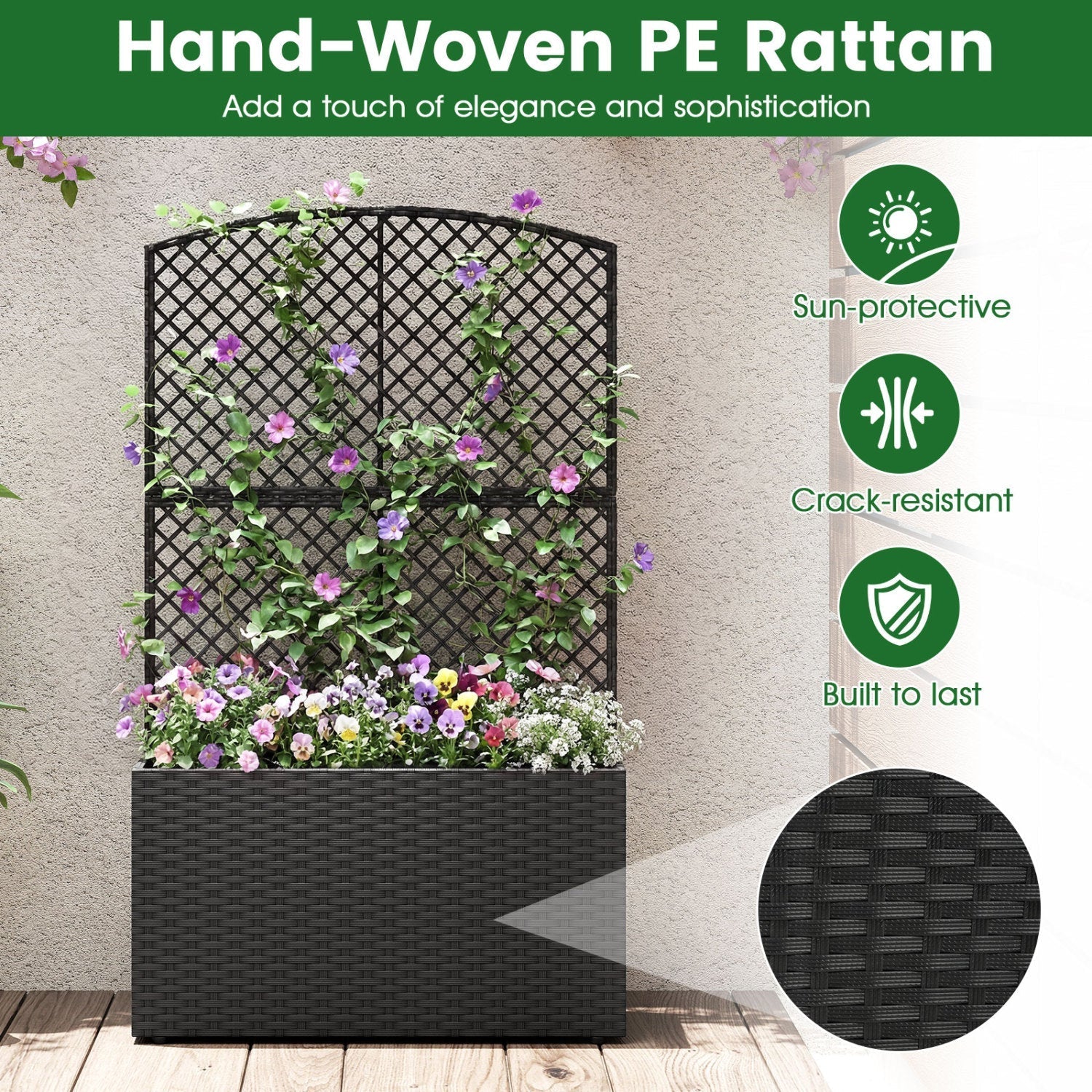 Set of 2 49 Inch Raised Garden Bed with Trellis and Wicker Planter Box