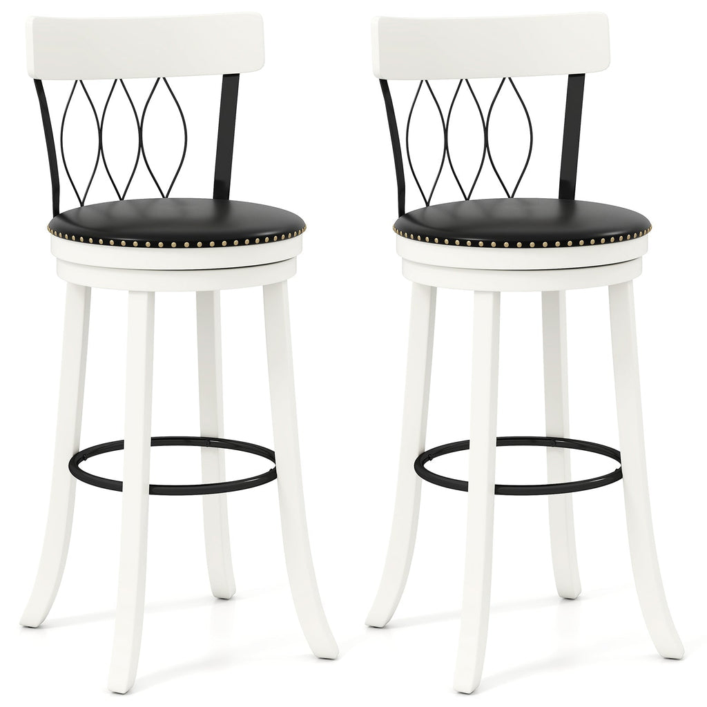 Set of 2 Bar Stools Swivel Bar Chairs with Footrest Rubber Wood Frame and Tufted Rivets