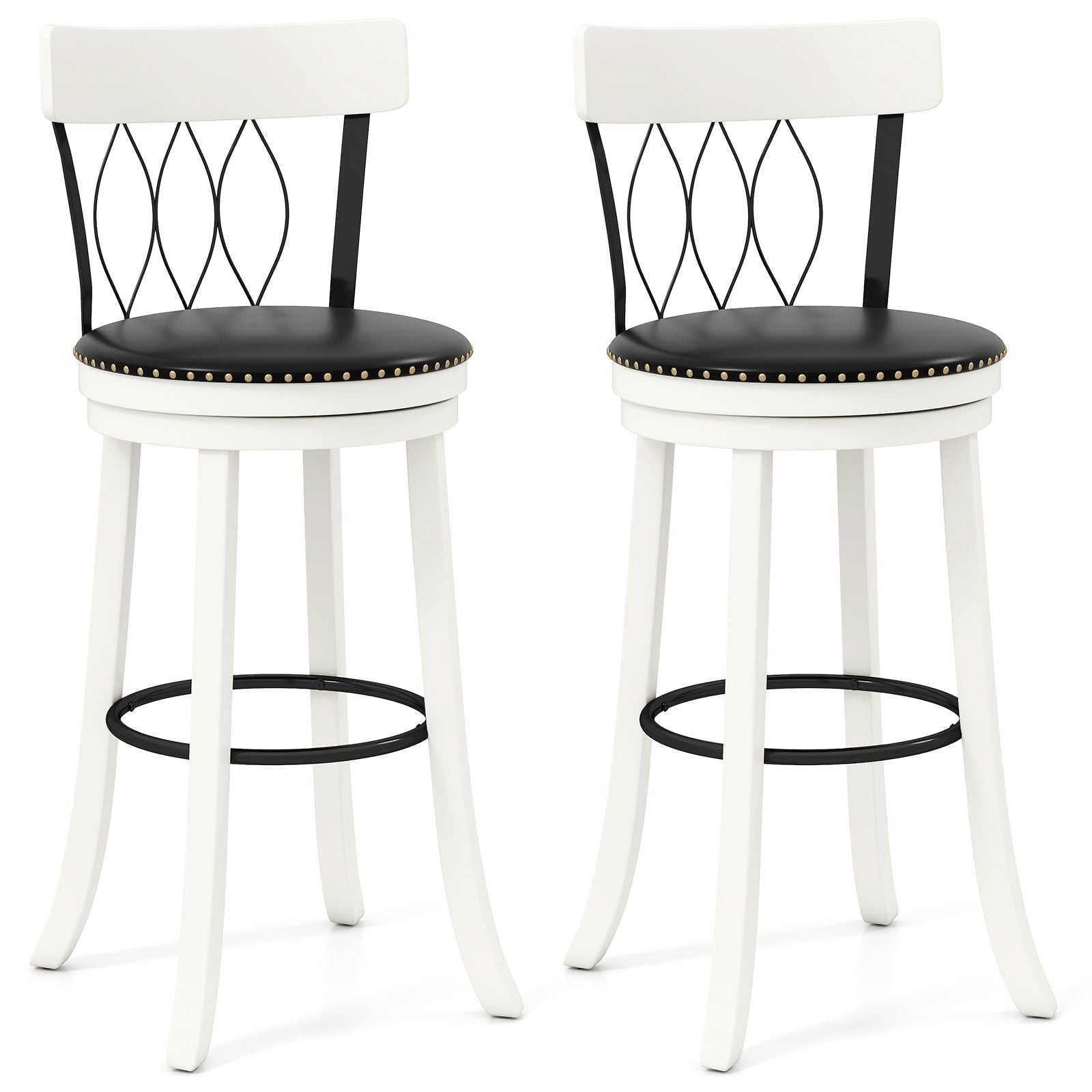 Set of 2 Bar Stools Swivel Bar Chairs with Footrest Rubber Wood Frame and Tufted Rivets
