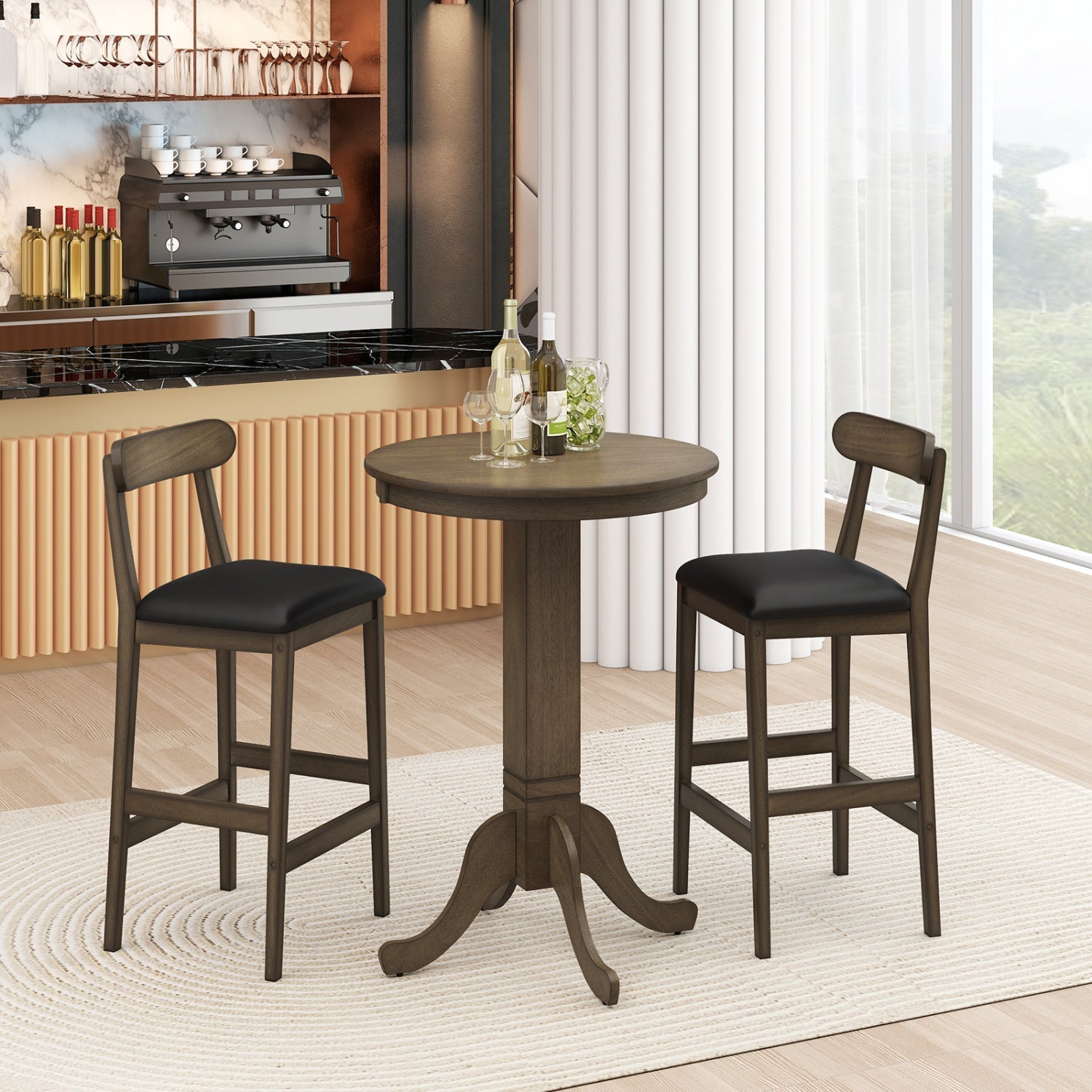 Set of 2 Bar Stools Upholstered with Rubber Wood Legs and Footrests-Oak