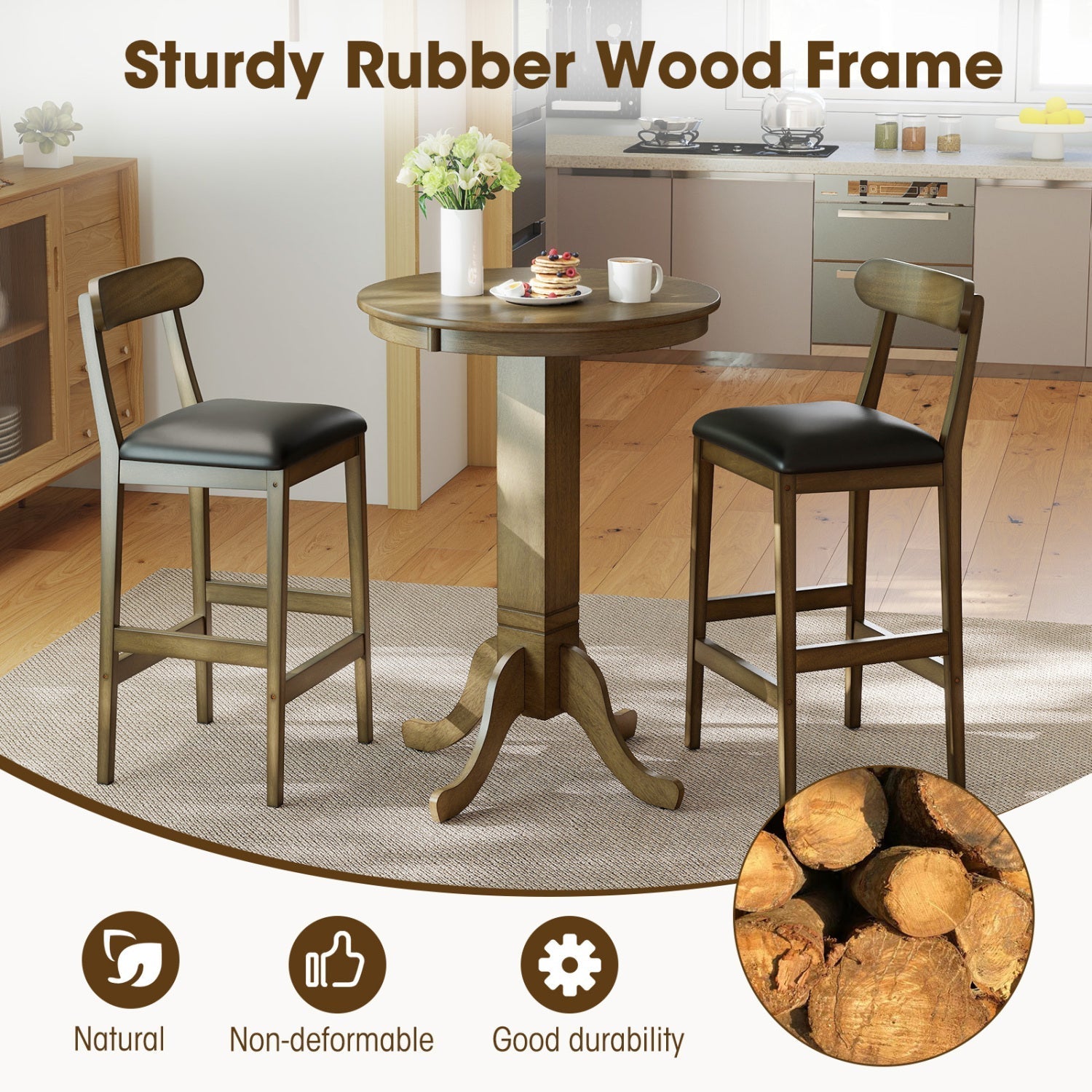 Set of 2 Bar Stools Upholstered with Rubber Wood Legs and Footrests-Oak