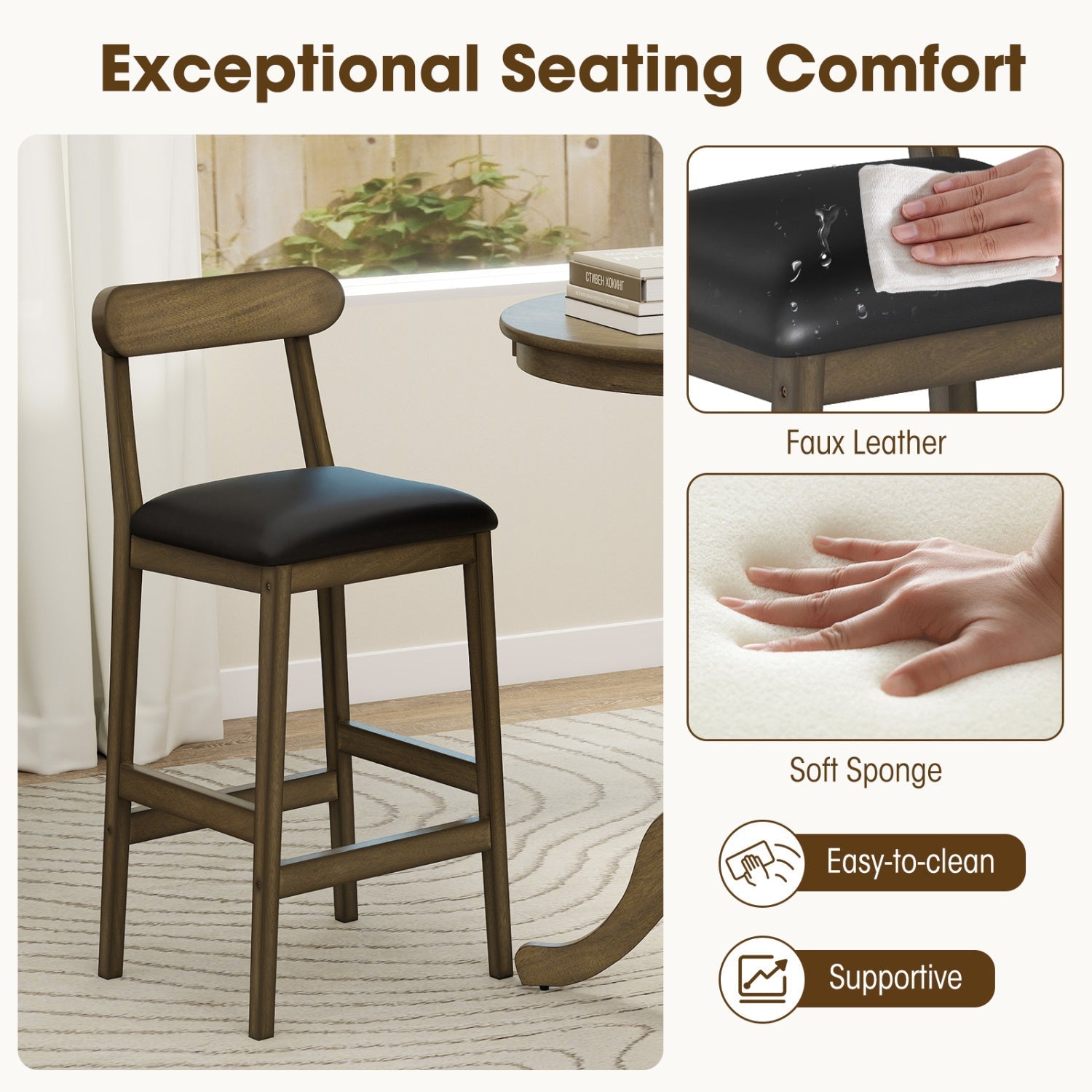 Set of 2 Bar Stools Upholstered with Rubber Wood Legs and Footrests-Oak