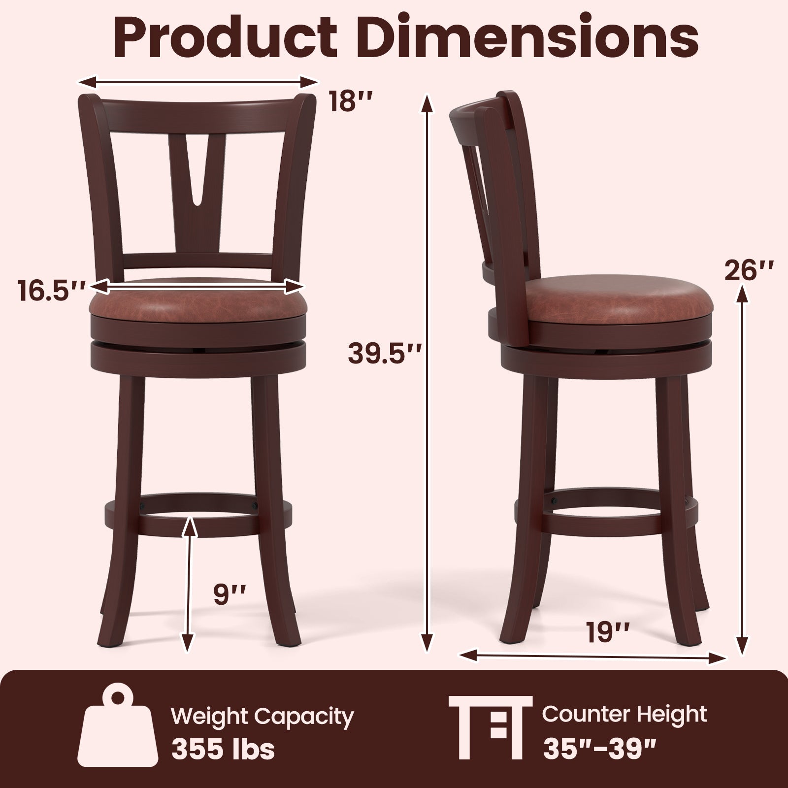 Set of 2 Counter Height Swivel Barstools with High Backs and Footrests
