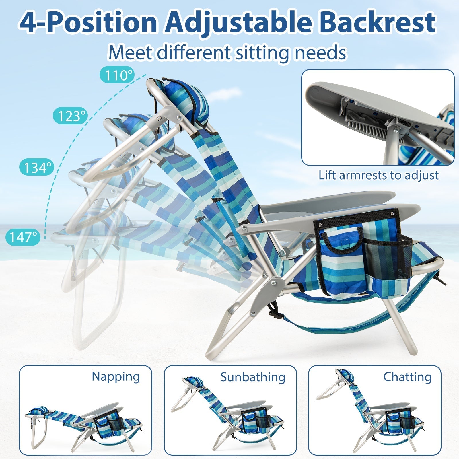 Folding Beach Chair with 4-Position Adjustable Backrest