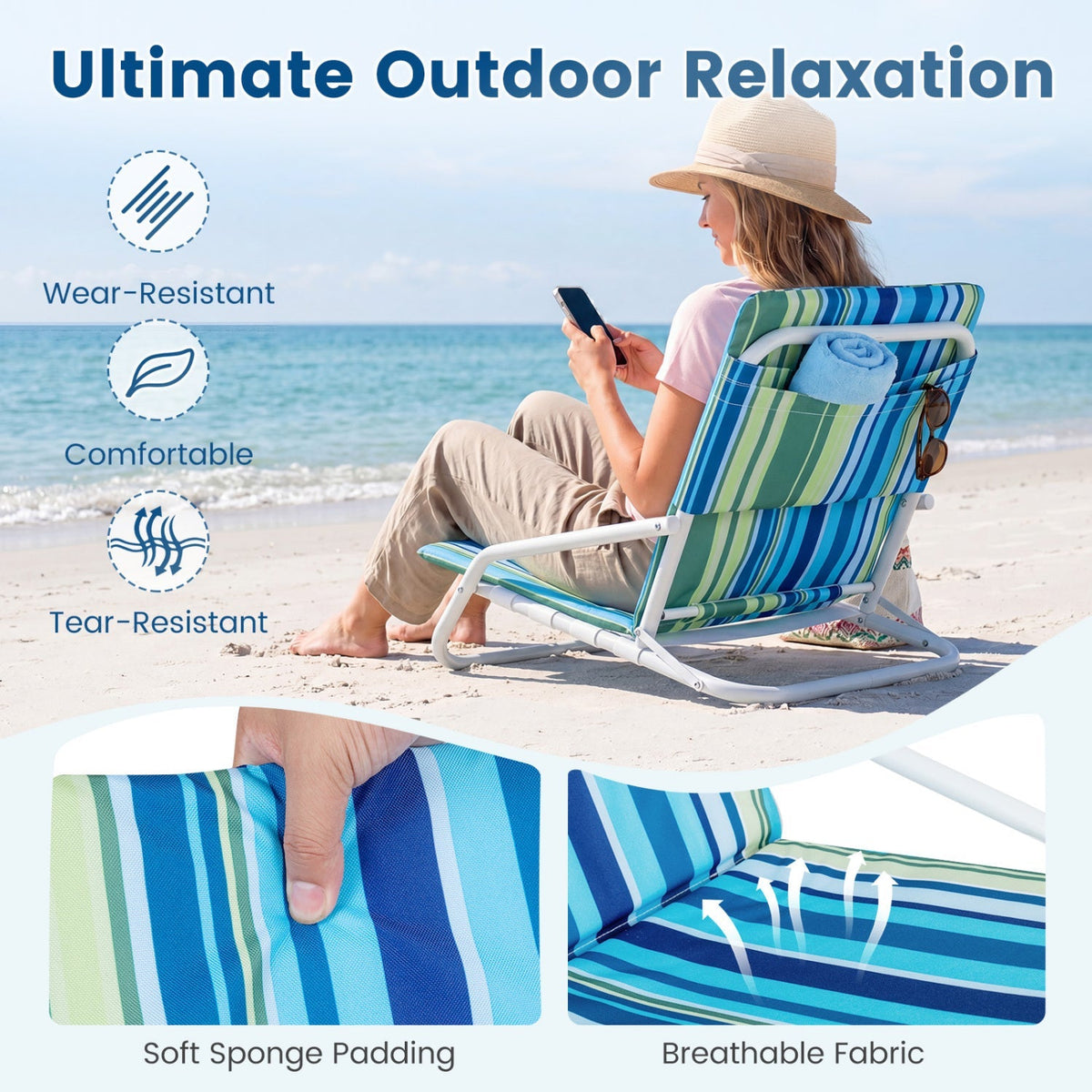 Folding Beach Chairs Set of 2 with Padded Seat
