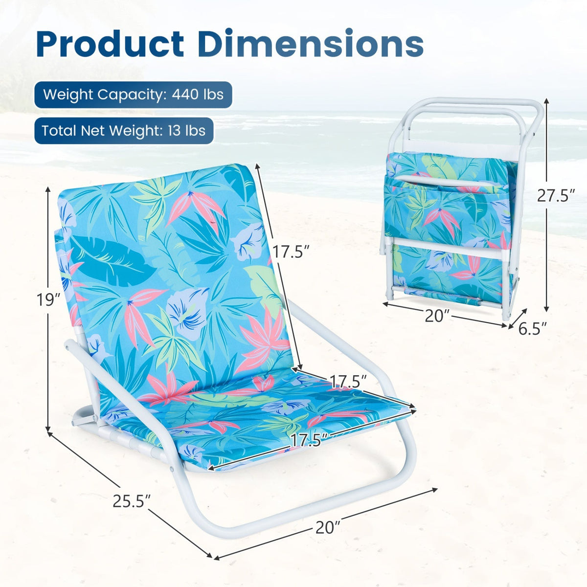 Folding Beach Chairs Set of 2 with Padded Seat