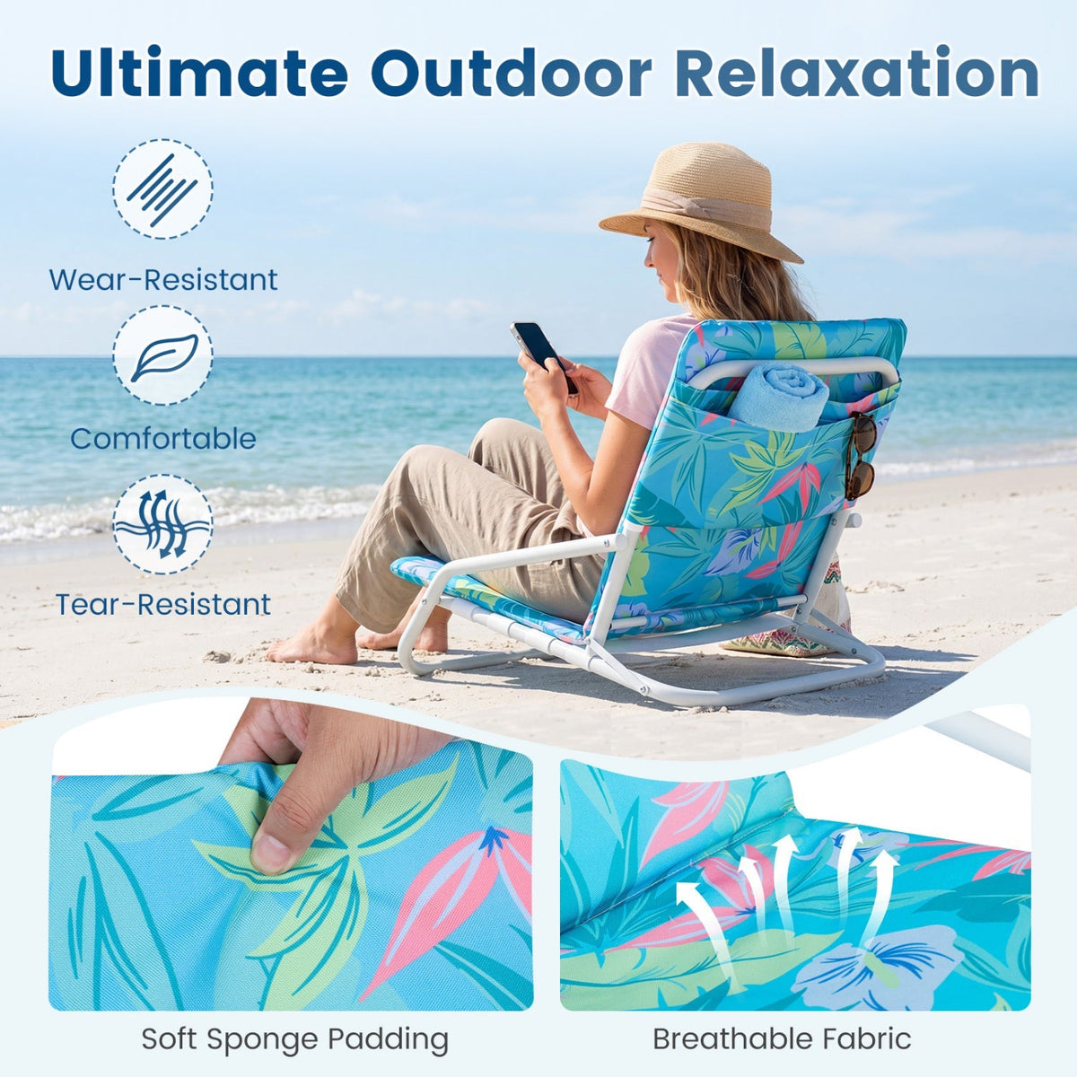 Folding Beach Chairs Set of 2 with Padded Seat