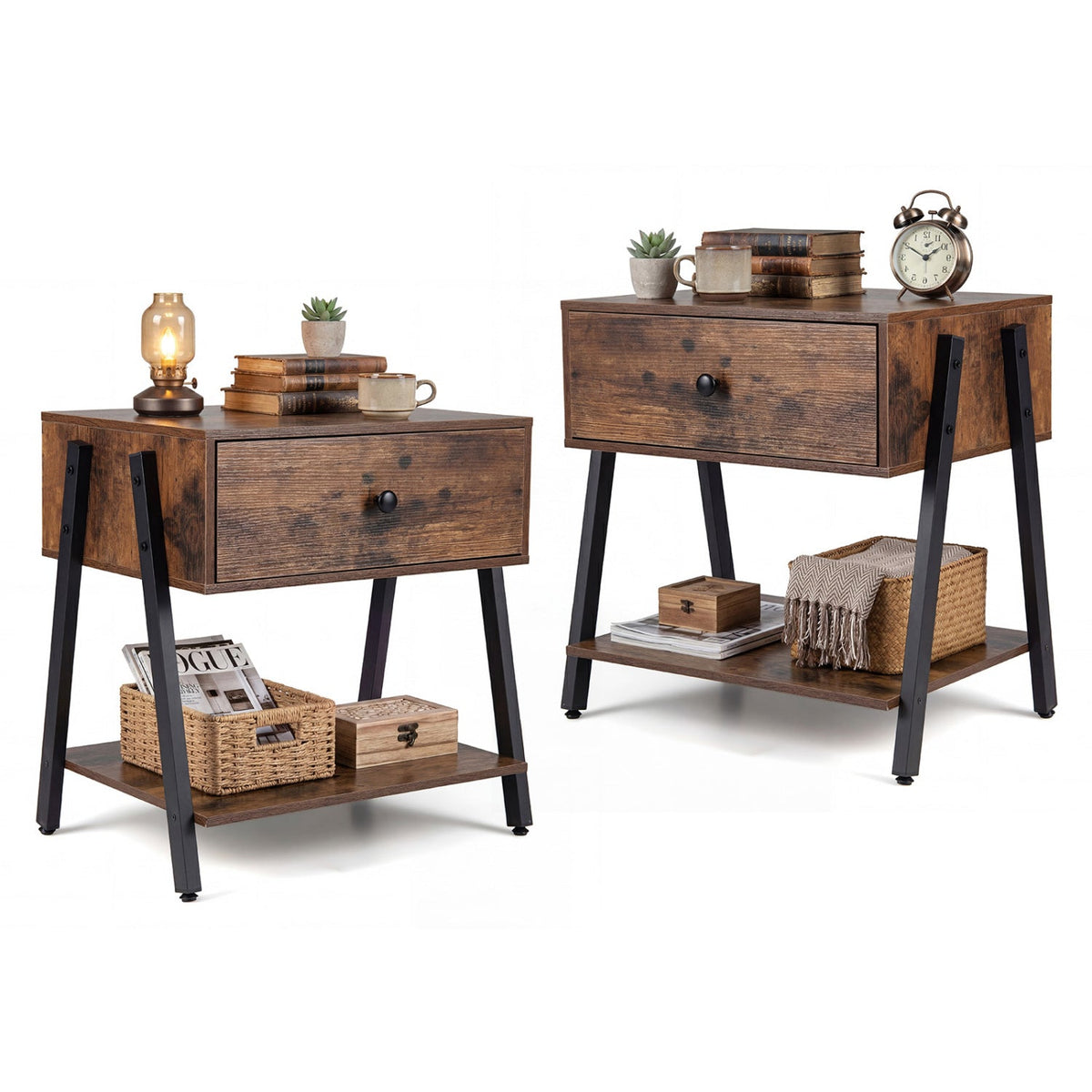 Industrial Nightstand Set of 2 with Drawer and Shelf
