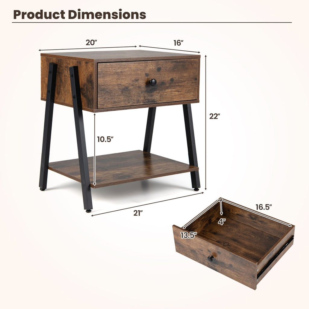 Industrial Nightstand Set of 2 with Drawer and Shelf