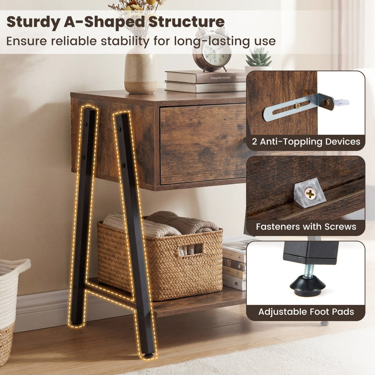Industrial Nightstand Set of 2 with Drawer and Shelf