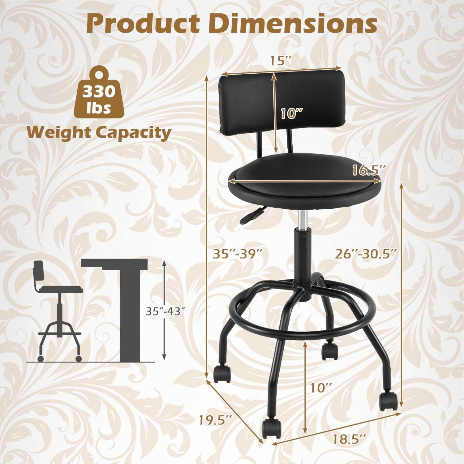 Swivel Bar Stool with Backrest - Height Adjustable