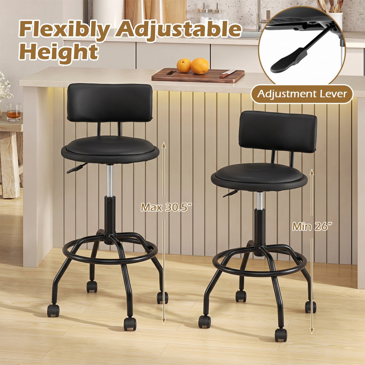 Swivel Bar Stool with Backrest - Height Adjustable