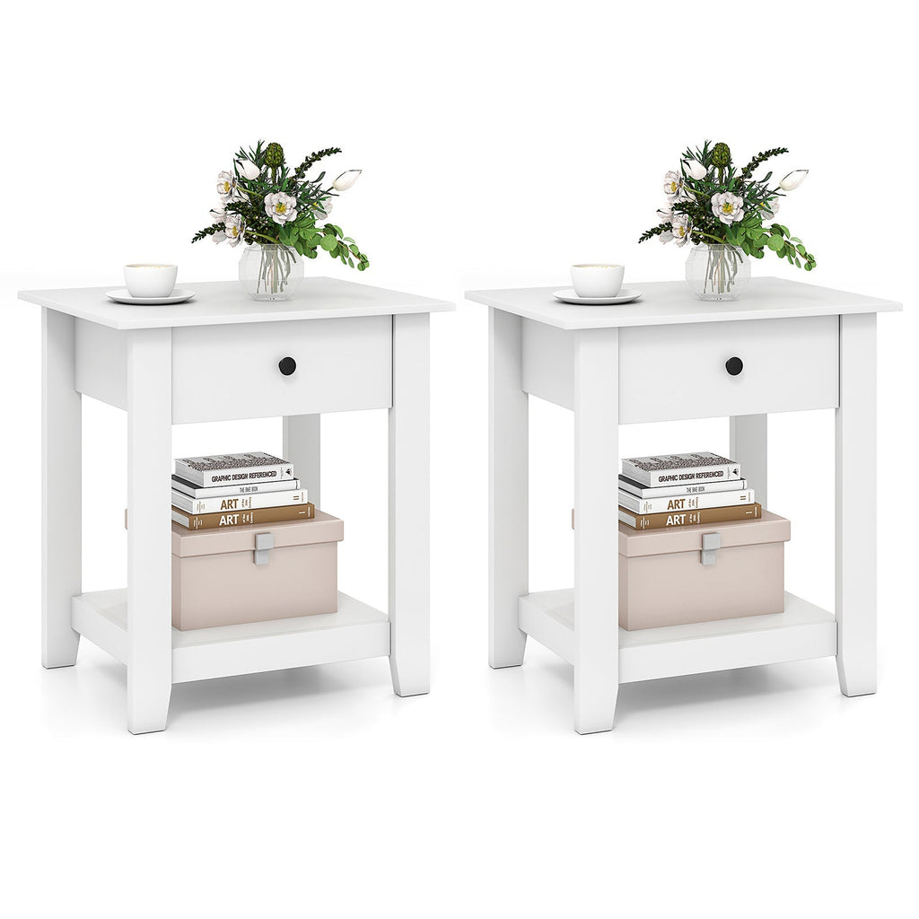 Set of 2 Nightstand with Drawer 3-Tier Modern Bedside Table with Open Shelf and Storage