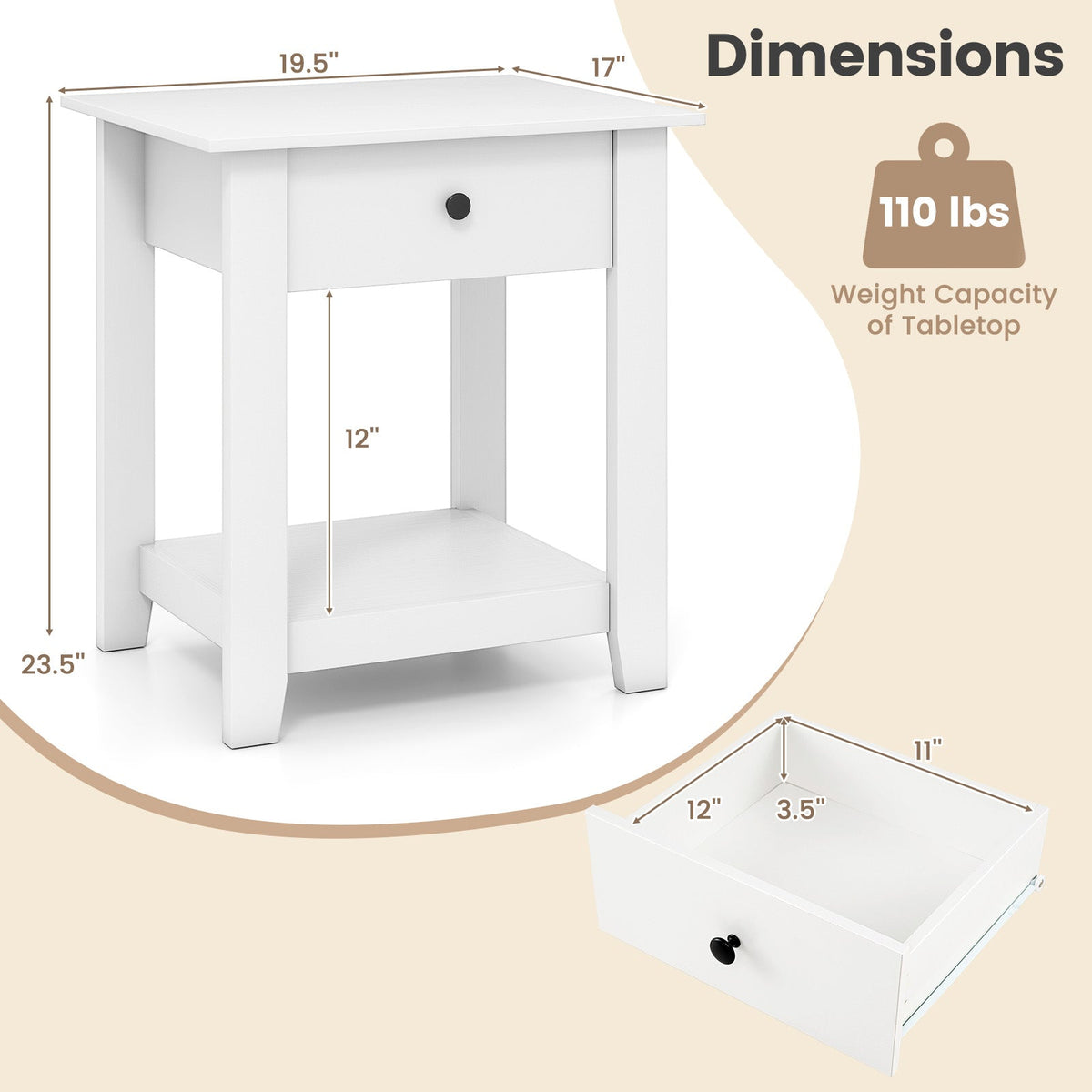 Set of 2 Nightstand with Drawer 3-Tier Modern Bedside Table with Open Shelf and Storage