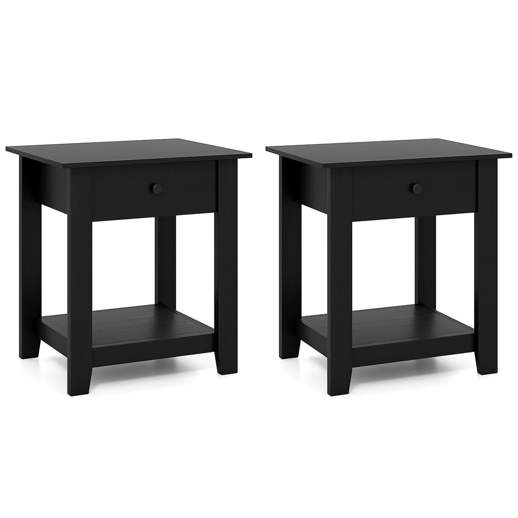 Set of 2 Nightstand with Drawer 3-Tier Modern Bedside Table with Open Shelf and Storage