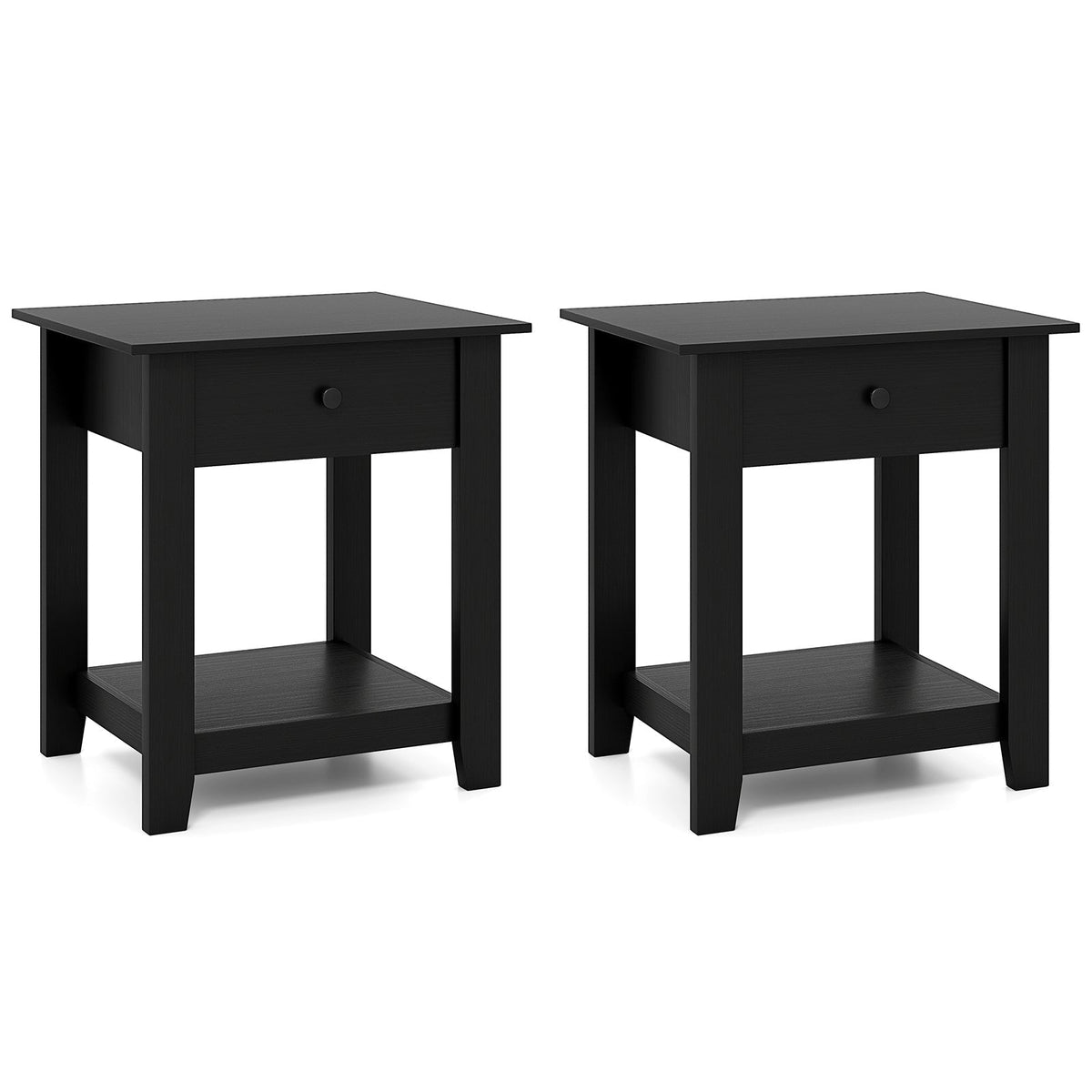 Set of 2 Nightstand with Drawer 3-Tier Modern Bedside Table with Open Shelf and Storage